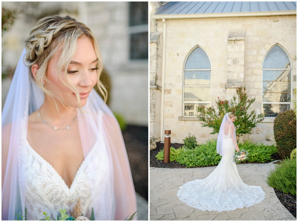 Bride posing in front of limestone arches during her New Braunfels bridal session