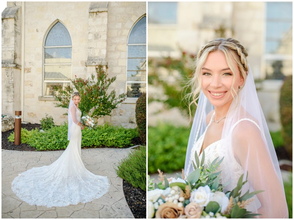 Bride posing in front of limestone arches during her New Braunfels bridal session