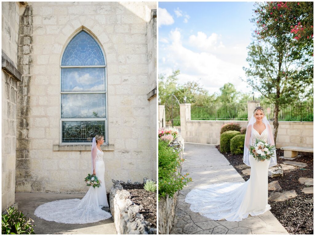 Texas Hill Country bridal portrait at Sts. Peter and Paul Catholic Church courtyard