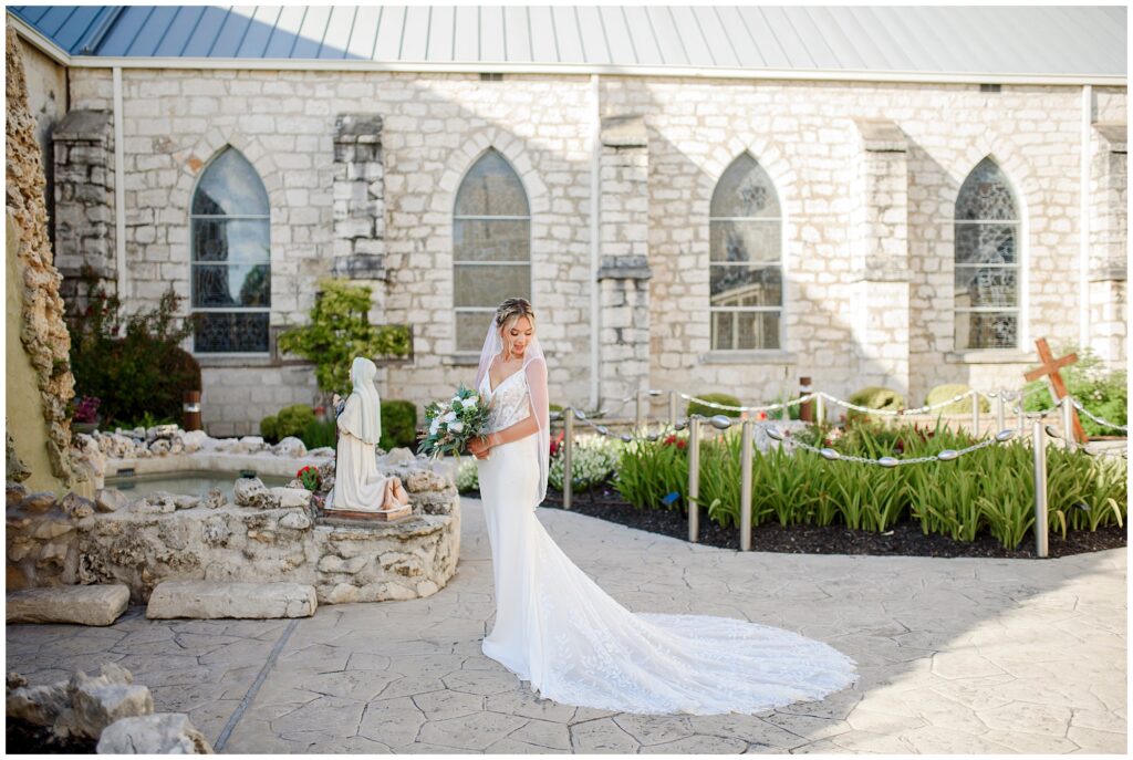 Texas Hill Country bridal portrait at Sts. Peter and Paul Catholic Church courtyard